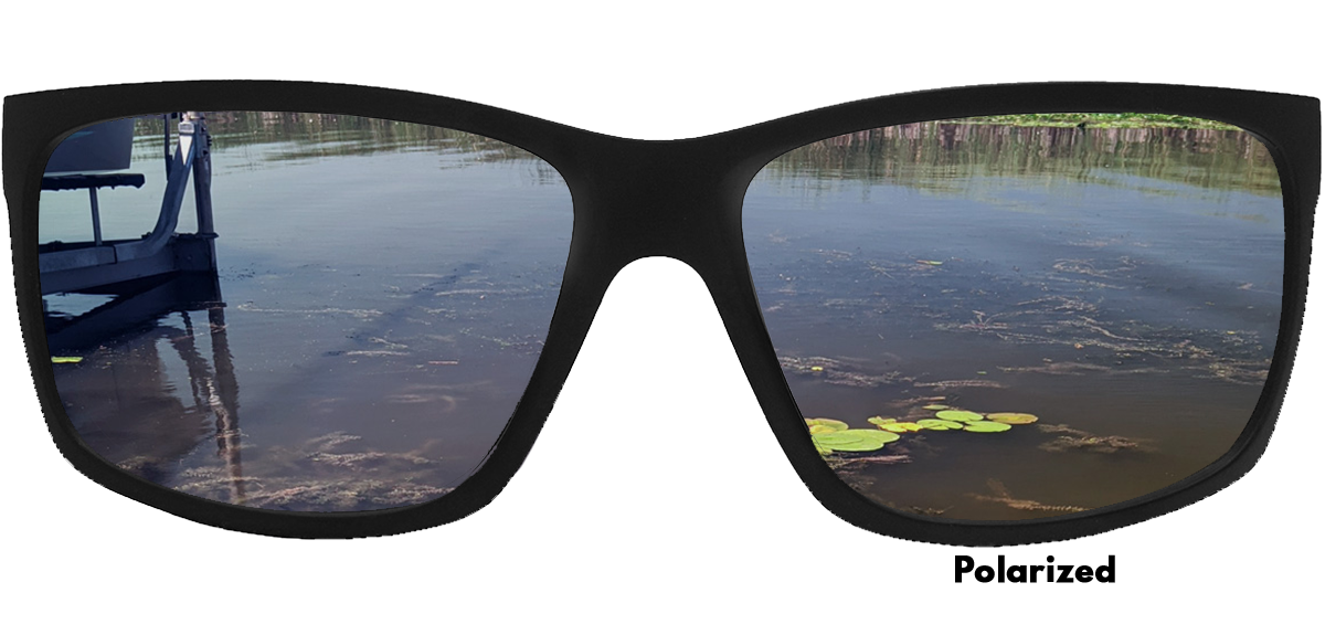 View through polarized sunglasses showing clearer water with lily pads.